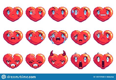 Set Of 15 Negative Emotions Heart Shaped Pixel Art Emoji In Golden