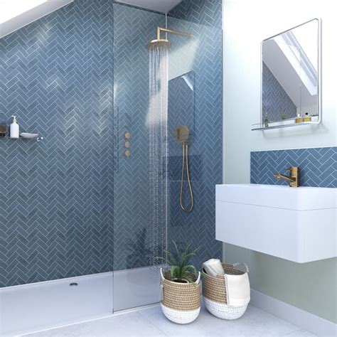 Showerwall Custom Navy Herringbone Acrylic Shower Wall Panel At