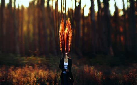 Wallpaper Sunlight Forest Women Outdoors Redhead Depth Of Field Sunset Night Long Hair