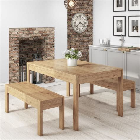 Solid Pine Wood Dining Set With 1 Dining Table And 2 Benches Emerson