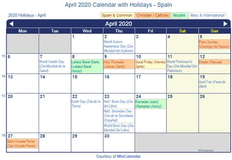 Print Friendly April 2020 Spain Calendar For Printing