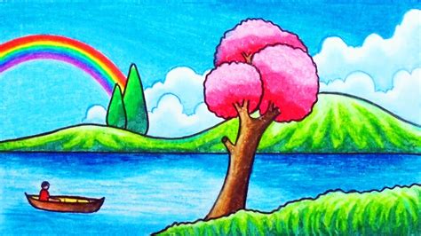 How To Draw Easy Rainbow Scenery Drawing Scenery Of River And Rainbow