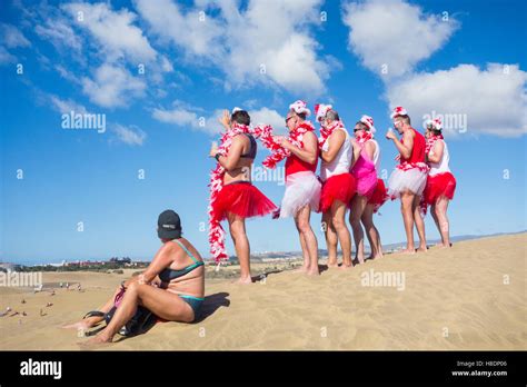 Start Of German Carnival Season Celebrations On Gay Nudist Beach At Maspalomas Gran Canaria