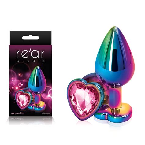 Rear Assets Multi Coloured Heart Multi Coloured Medium Metal Butt Plug With Pink Heart Gem