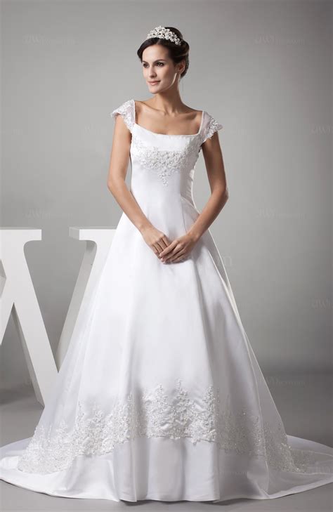 White Vintage Outdoor A Line Zipper Satin Court Train Bridal Gowns