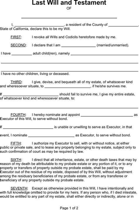 Free Printable Last Will And Testament Blank Forms Will Forms Fill
