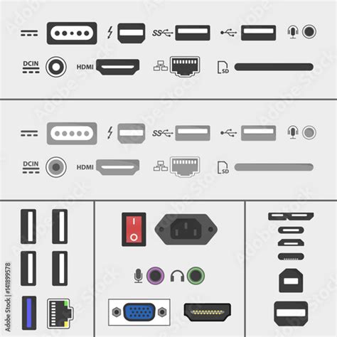 Laptop And Pc Connectors Icons Set Power Supply Usb Ethernet Sd