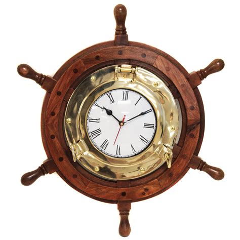Urban Designs Nautical Ships Wheel Brass Porthole Wall Clock