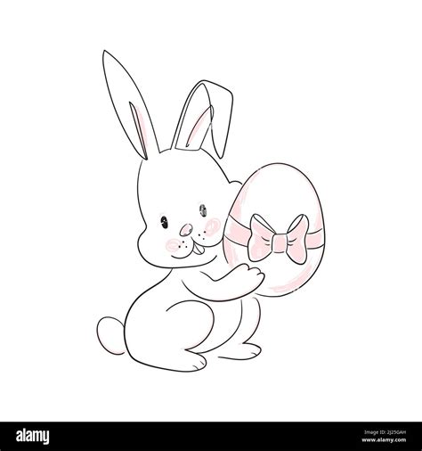 Easter Bunny With An Eggwillow And Flowers Linear Stock Vector