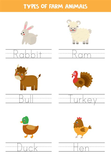 Tracing Names Of Farm Animals Writing Practice 8007839 Vector Art At