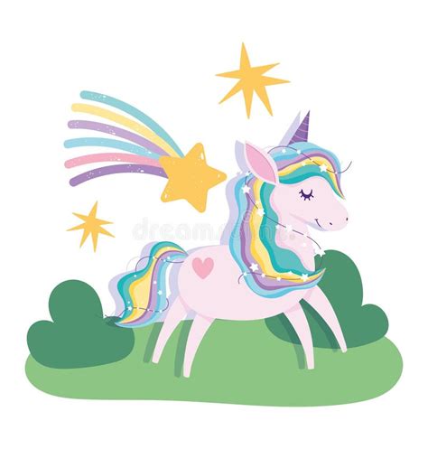 Cute Unicorn Magic Fantasy Cartoon Shooting Stars Rainbow Landscape