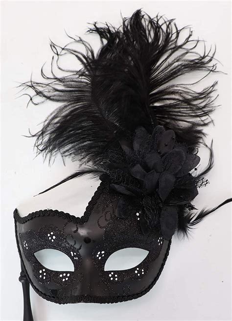 Feather Masquerade Mask With Stick Venetian Halloween Q Black Size