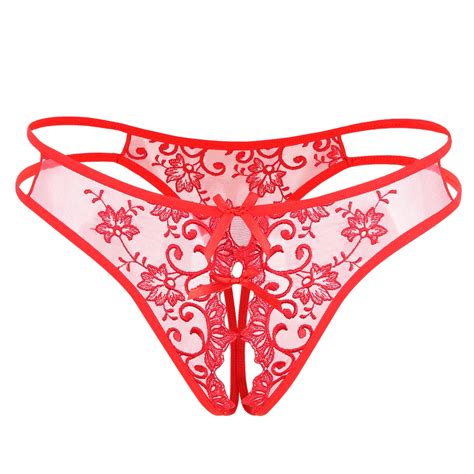 Women Underwear New Sex Panties Seamless Lace Panties Open Crotch Thong Red Embroidery Bow