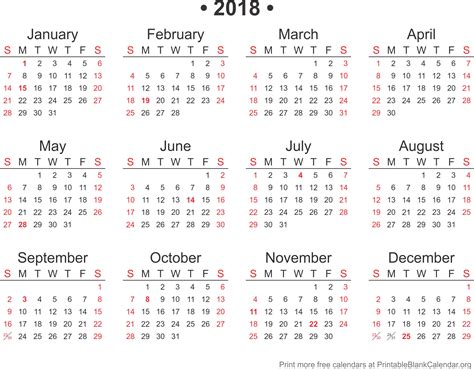 2018 Free Annual Calendar Template Printable Blank