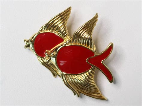 Trifari Double Fish Brooch Red Enamel Fish Pin Estate Jewelry