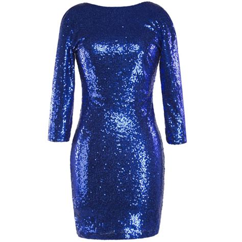 Sparkly Blue Sequin Dresses Women Sexy 34 Sleeve Slim Bodycon Sheath