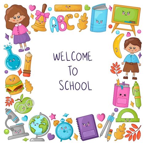 Bienvenido Al Marco De La Escuela Con útiles Escolares Kawaii Y