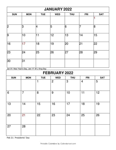 January And February 2022 Calendar Calendar Options January And