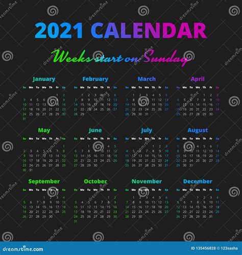 Simple 2021 Year Calendar Weeks Start On Sunday Stock Vector