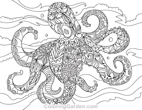 Magnificent coloring page representing a giant octopus at the bottom of the sea, with fishes, coral and a mysterious treasure. Octopus Adult Coloring Page