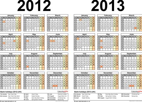 Two Year Calendars For 2012 And 2013 Uk For Excel