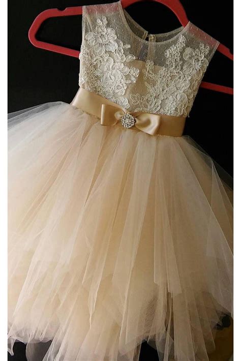 Cheap Champagne Tulle Flower Girl Dress With Lace Cute Flower Girl