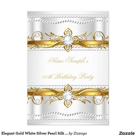 Elegant Gold White Silver Pearl Silk Birthday Invitation