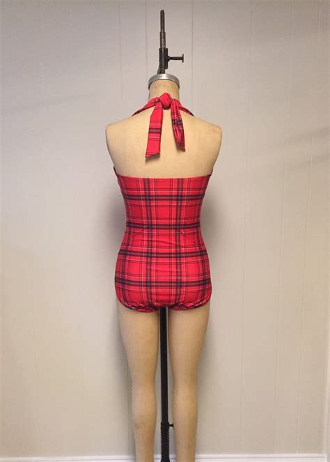 Helen Retro Vintage One Piece Womens Swimsuit Red Plaid Etsy