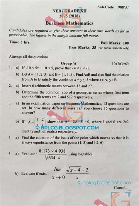 Business Mathematics Grade 12 Question Paper 2075 2018 National