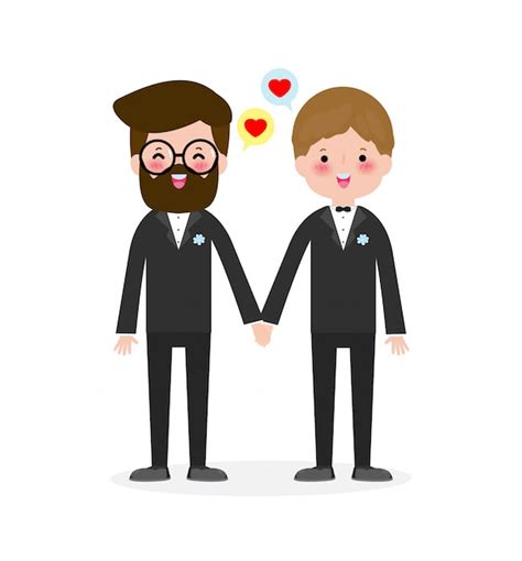 happy gay couple in wedding attire and flat modern style illustration design clip art isolated