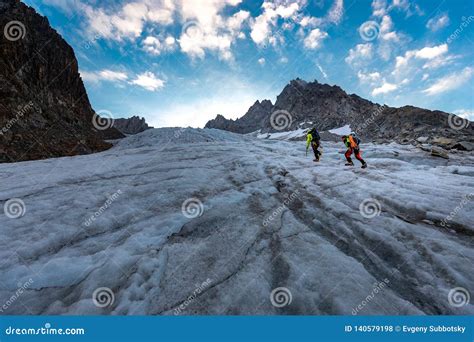 Mountaineer Climbing Glacier Mont Blanc Mountains France Alps