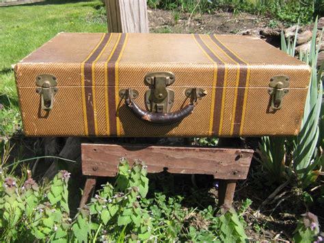 Antique Striped Cardboard Suitcase Leather Handle Brass Hardware Man