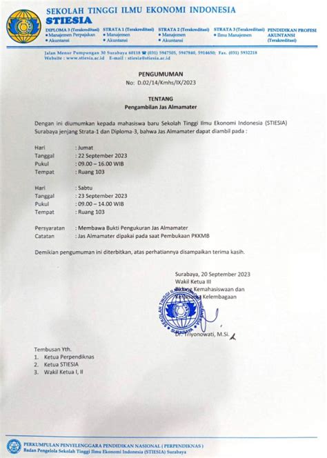 Pengumuman Pengambilan Jas Almamater Mahasiswa Baru Stiesia Surabaya