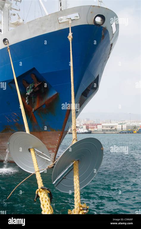 Rat Guards On Ship Mooring Ropes To Prevent Rats Getting Aboard Stock