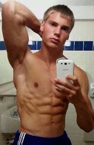 Shirtless Male Muscular Jock Ripped Abs Blond Frat Dude Selfie Photo