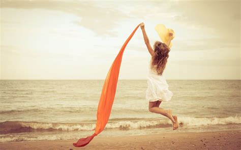 Happy Girl Jump Mood White Dress Red Ribbon Beach Sea Wallpaper
