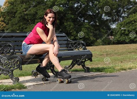 Cheerful Skater Girl Sitting In Sun On Park Bench Stock Image Image Of Pretty Brunette 20423895