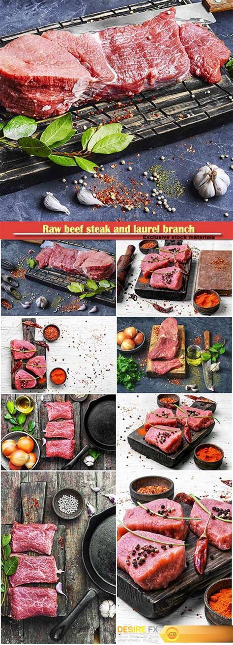 Desire Fx Raw Beef Steak And Laurel Branch On Vintage Background