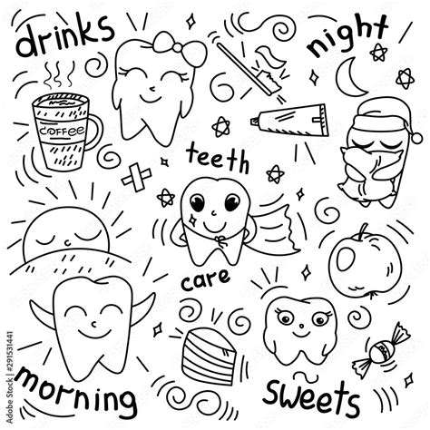 Cute Doodle Happy Teeth Cartoon Drawing For Kids Dental Cabinet Or