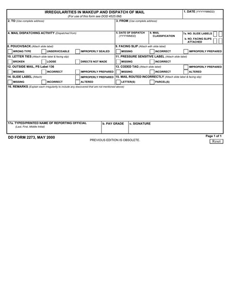 Dd Form 2273 Irregularities In Makeup And Dispatch Of Mail Forms