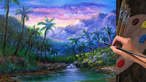 Acrylic Landscape Painting Tropical Sunset In Hidden