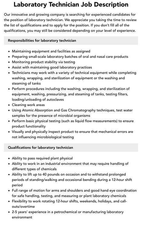 Laboratory Technician Job Description Velvet Jobs