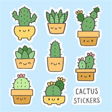 Premium Vector Cute Cactus Sticker Hand Drawn Cartoon Collection