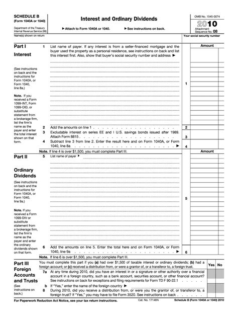 Line 14 (form 1040nr, line 41). IRS 1040 - Schedule B 2010 - Fill out Tax Template Online ...