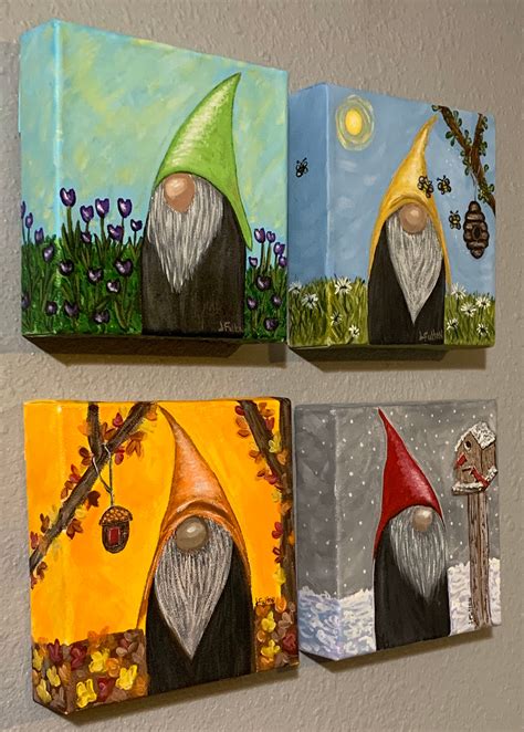 Set Of 4 Acrylic Gnome Paintings 1 For Each Seasonspring Etsy