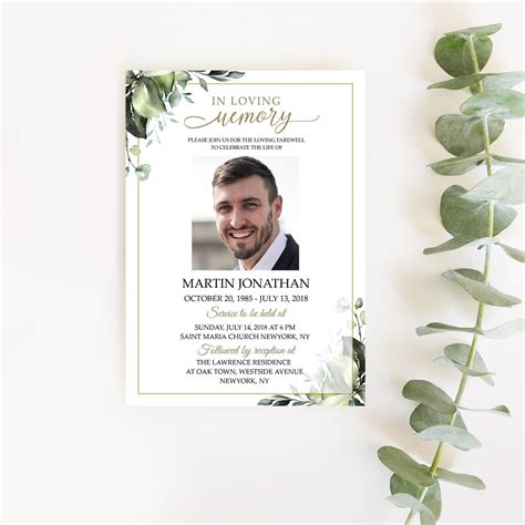 F116 Funeral Invitation For Men Leaves Greenery Funeral Announcement