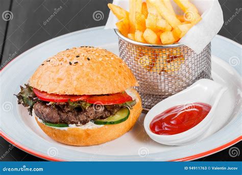 Burger Hamburger With French Fries Ketchup Mayonnaise Fresh Stock