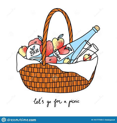 Lets Go For A Picnic Basket With Fruits Cheese And Cider Vector