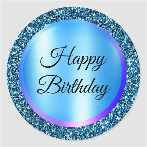 Happy Birthday Blue Purple Metallic Glitters Classic Round Sticker