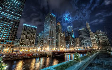 Water Reflection Night Lights Channel Chicago Chicago City Phone